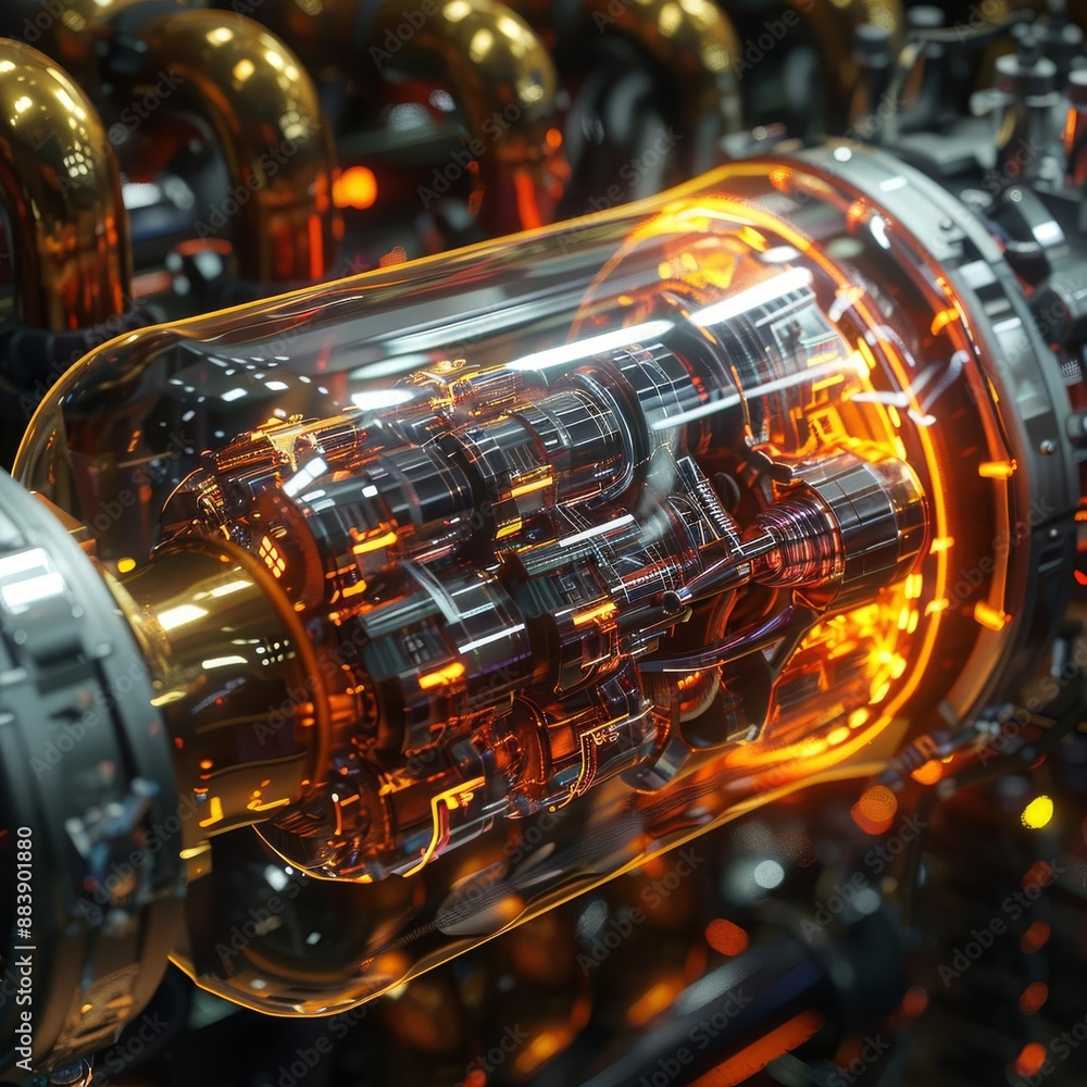 Poster Close-up view of an advanced high-tech mechanical component with glowing orange elements, showcasing intricate engineering and futuristic design.