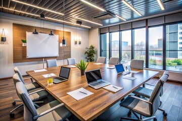 EMPTY modern conference room with whiteboard, projector, laptops, and papers scattered on the table, showcasing a collaborative product launch planning and strategy discussion.