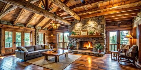Fototapeta premium Rustic cabin interior with stone fireplace and wooden beams, rustic, cabin, interior, stone, fireplace, wooden, beams, cozy