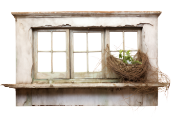 Weathered wooden window with a bird's nest perched on its sill, capturing a glimpse of a vibrant cityscape, isolated on white background