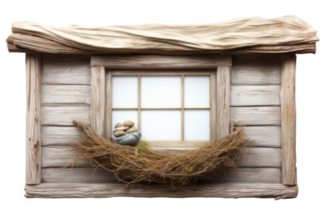 Weathered wooden window with a bird's nest perched on its sill, capturing a glimpse of a vibrant cityscape, isolated on white background