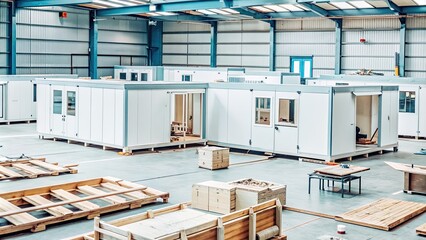 Workshop assembly of modular buildings. rendering, construction, prefabricated, industrial, assembly, development