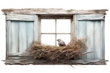 Weathered wooden window with a bird's nest perched on its sill, capturing a glimpse of a vibrant cityscape, isolated on white background