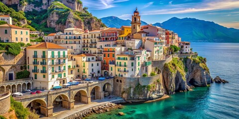 Vibrant colorful houses and picturesque alleys cascade down a steep cliff overlooking the turquoise Mediterranean Sea in Atrani's breathtaking scenic landscape on Amalfi Coast.