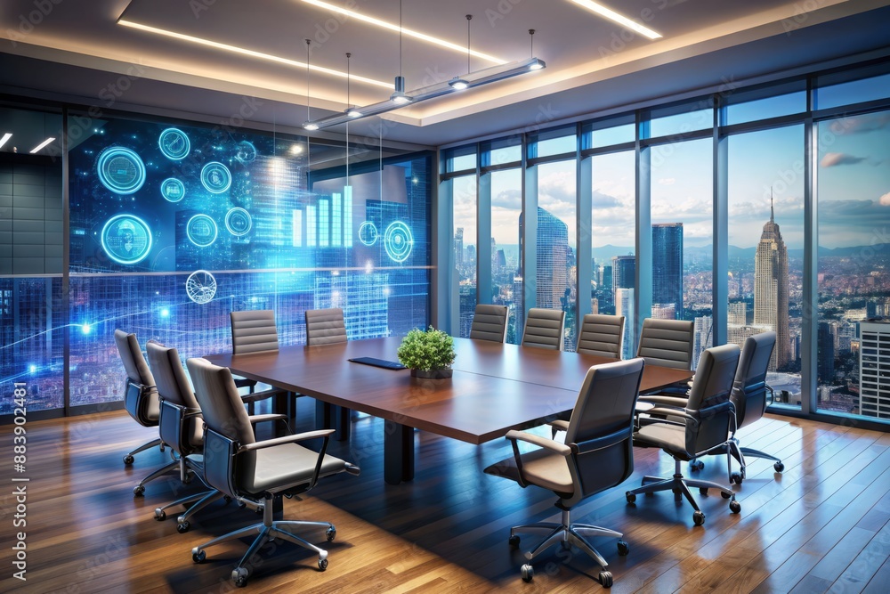Poster a sleek, modern conference room features futuristic ai-enabled screens and interfaces, showcasing da