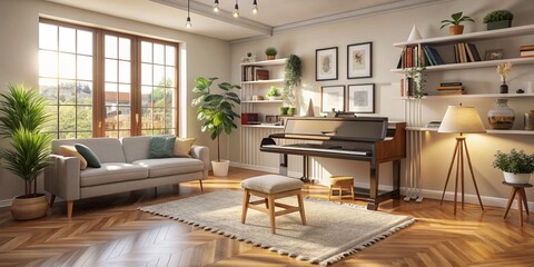 Cozy living room setup with a piano and empty space, ideal for e-learning music lessons or online tutorials, conveying fun and interactive music education concept.