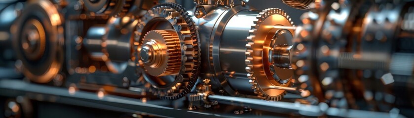 Close-up photograph of intricate copper-colored gears and machinery, showcasing detailed engineering and mechanical craftsmanship.