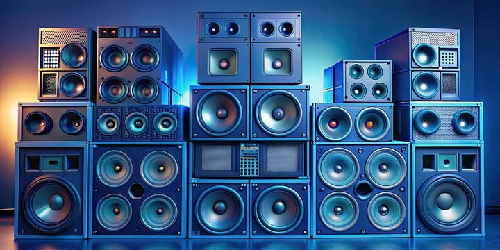 Stacked speakers in a modern audio setup, music, sound system, speakers, audio, stereo, equipment, technology