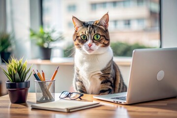 Adorable curious cat sitting at desk surrounded by papers and pens, wearing trendy glasses, intently working on laptop in a modern office setting.