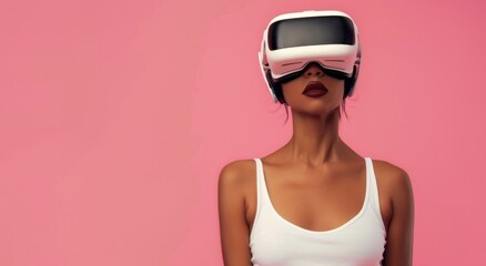 Naklejka premium Young woman wearing virtual reality headset against a pink background.