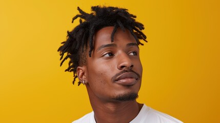 A young man with an artistic hairstyle and piercing gaze looks sideways against a vibrant yellow background, creating a compelling visual contrast and modern aesthetic.
