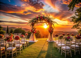 Warm sunset light illuminates empty outdoor wedding setup with beautiful flowers, elegant chairs, and a stunning arch, evoking feelings of romance and celebration.