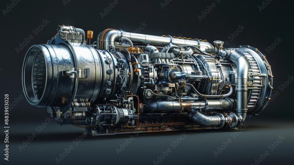 Poster close-up view of a high-tech jet engine, showcasing intricate mechanical details and advanced engine