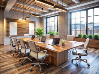 Fototapeta premium Modern office meeting room setup with empty chairs around a large wooden table, laptops, notebooks, and whiteboard for brainstorming and planning sessions.