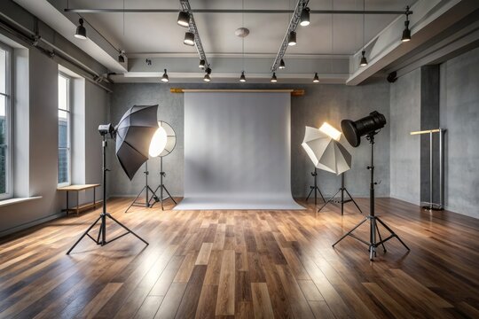 Modern professional photography studio with sleek gray backdrop, elegant wooden floor, and advanced lighting equipment, ready for product or fashion shoot.