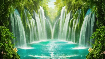 Naklejka premium Serene Tropical Waterfall Oasis in Lush Green Jungle with Turquoise Pool