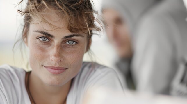 A thoughtful woman with freckles and a relaxed expression gazes into the distance while sitting outdoors, capturing a moment of introspection in a casual setting.