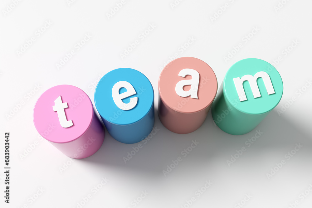 Poster team building concept with colorful blocks forming team word on white surface