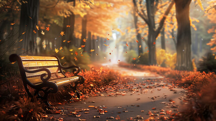 Illustration of Colorful Autumn Park with Falling Leaves and Bench