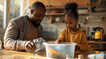 Fototapeta premium Father and Daughter Sorting Plastic Recycling in Kitchen