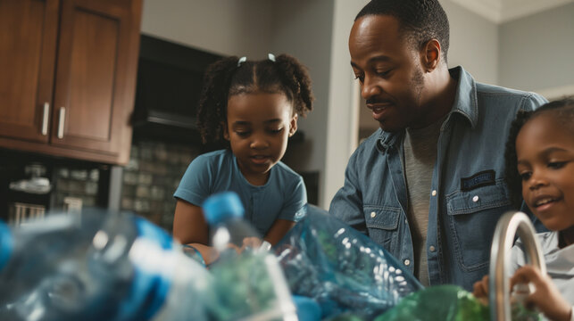 Father and Daughters Sorting Plastic Bottles for Recycling at Home