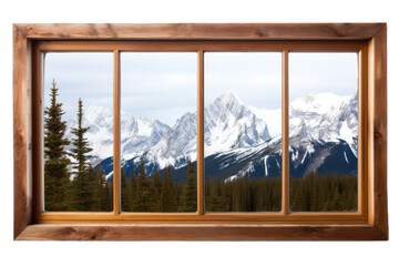 Panoramic wooden window framing a breathtaking mountain vista, with snow-capped peaks and evergreen forests, isolated on white background.