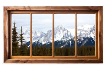 Panoramic wooden window framing a breathtaking mountain vista, with snow-capped peaks and evergreen forests, isolated on white background.