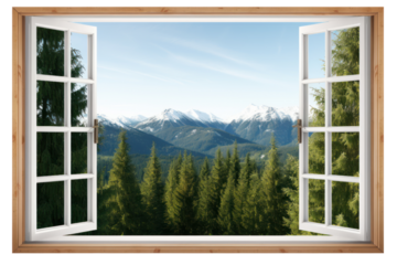 Panoramic wooden window framing a breathtaking mountain vista, with snow-capped peaks and evergreen forests, isolated on white background.