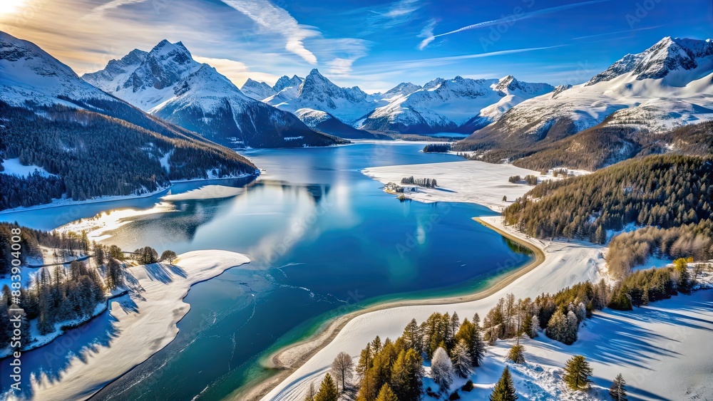 Poster Aerial view of frozen Silvaplana lake with snow covered mountains in the background including Piz Corvatsch in Engadine