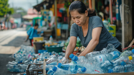 Woman Sorting Plastic Bottles in Southeast Asian Market