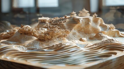 Intricate wooden landscape model with detailed architectural structures, showcasing craftsmanship and artistry, perfect for design inspiration.
