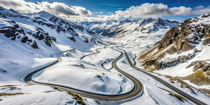 Aerial view of snow-covered Julier Pass road in the Swiss Alps , Swiss Alps, Julier Pass, winter, snow, aerial view