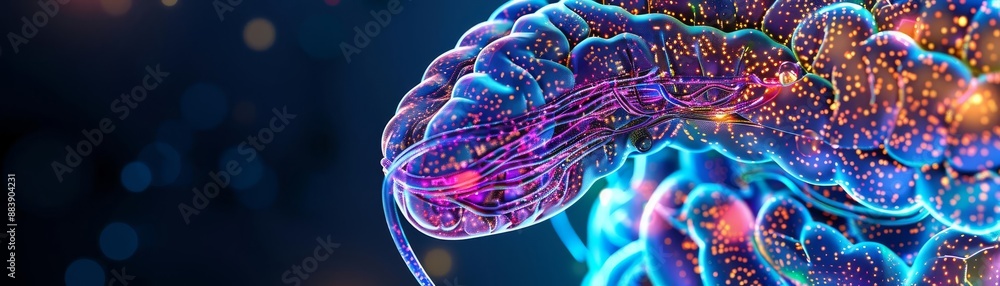 Poster futuristic digital rendering of a neuron, showcasing vibrant colors and intricate network connection