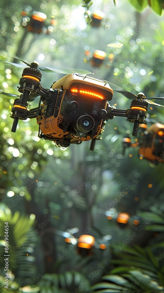 Aufkleber a group of advanced drones navigate through a dense forest, showcasing cutting-edge technology in a 