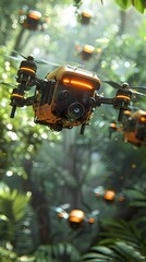 A group of advanced drones navigate through a dense forest, showcasing cutting-edge technology in a natural environment.