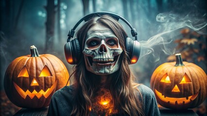 Creepy skull with headphones and glowing jackolanterns in the woods