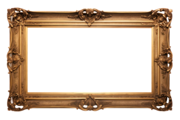 An ornate picture frame with intricate carvings and a distressed gold leaf finish, isolated on a white background