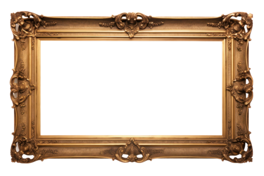An ornate picture frame with intricate carvings and a distressed gold leaf finish, isolated on a white background