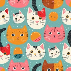 A seamless pattern featuring cute cartoon cats with various colors and patterns on a blue background.