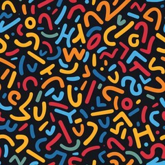 Obraz premium Abstract seamless pattern with colorful geometric shapes on black background. Perfect for textile, wallpaper, and branding design.