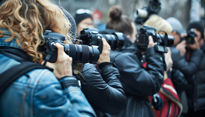 Photographers taking pictures of woman. Paparazzi and celebrity
