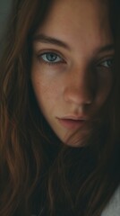 Fototapeta premium A close-up portrait of a woman with one side of her face obscured by her hair, creating an air of mystery and intrigue