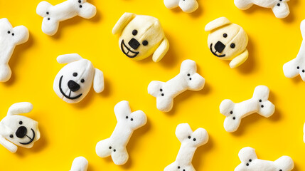 A Festive Feast of Dog Bones and Puppets on a Bright Yellow Background
