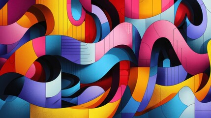 Shadows creeping through vibrant chaotic shapes, abstract, vibrant, illustration, eerie and bold composition