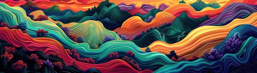 Twisted earthy patterns merging into an abstract landscape, psychedelic, abstract, illustration, vibrant and dynamic
