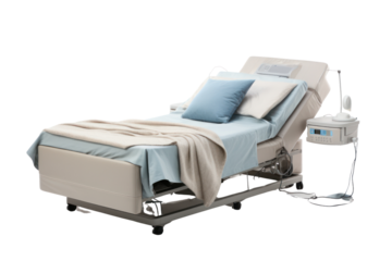 An adjustable bed with a remote control and a variety of positions, isolated on a white background.