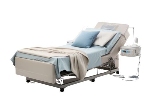 An adjustable bed with a remote control and a variety of positions, isolated on a white background.