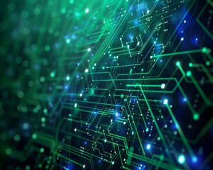 A digital technology banner with a green and blue background, featuring a cyber technology circuit design.