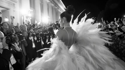 A woman wearing a voluminous, feathered gown walks past a crowd of photographers at a red carpet event. She is facing away from the camera, her back to the viewer.