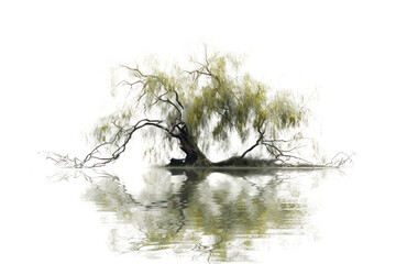 A willow tree gracefully weeping its branches over a tranquil pond, its leaves reflecting in the still water on white background